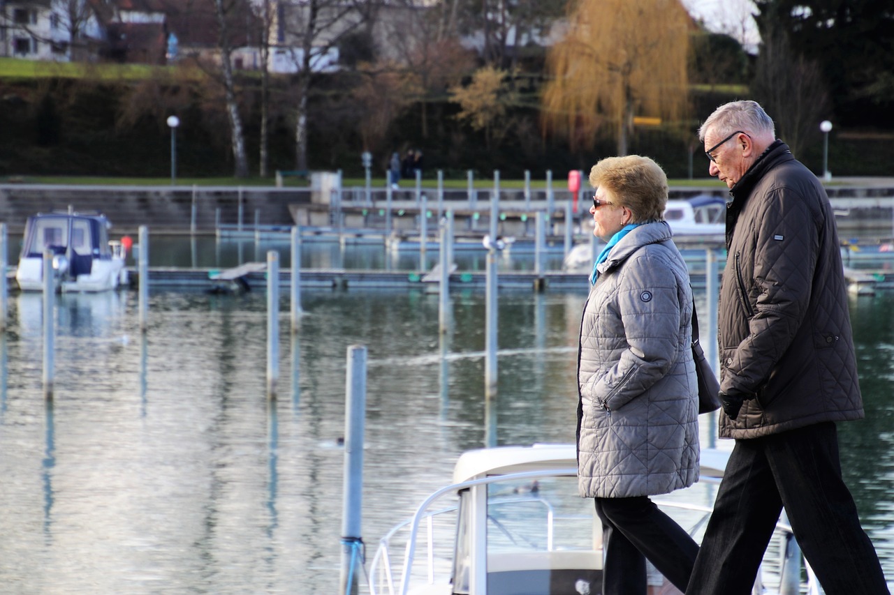 senior couple, lake, active